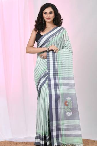 White & black striped cotton saree with green accents and stripe pattern