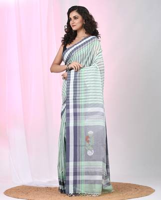 White & black striped cotton saree with green accents and stripe pattern 2