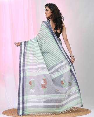 White & black striped cotton saree with green accents and stripe pattern 3