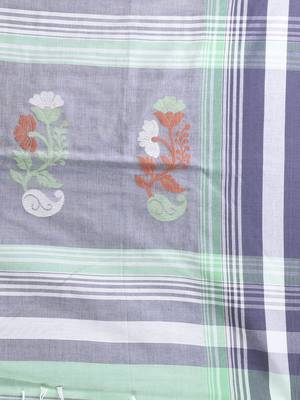 White & black striped cotton saree with green accents and stripe pattern 4