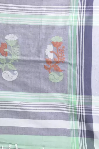 White & black striped cotton saree with green accents and stripe pattern