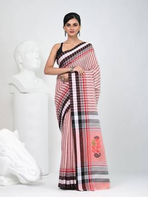 Elegant striped cotton saree in black, white & red combination 1