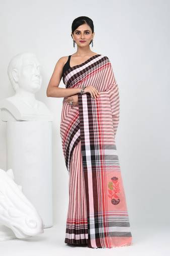 Elegant striped cotton saree in black, white & red combination