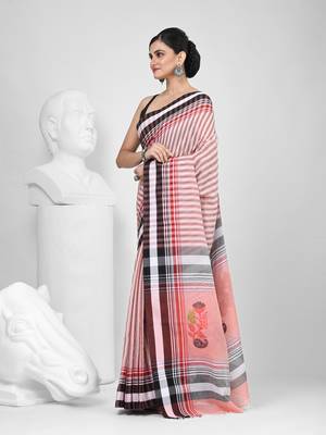 Elegant striped cotton saree in black, white & red combination 2