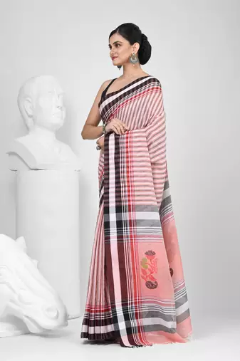 Elegant striped cotton saree in black, white & red combination