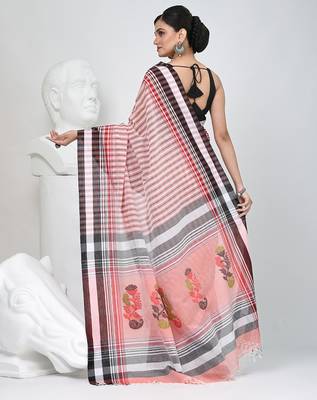 Elegant striped cotton saree in black, white & red combination 3