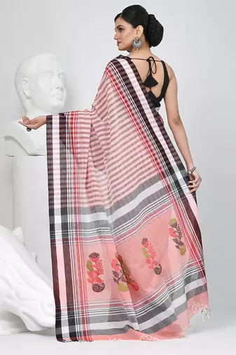 Elegant striped cotton saree in black, white & red combination