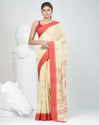 Beige cotton saree with red border & woven leaf motifs 1