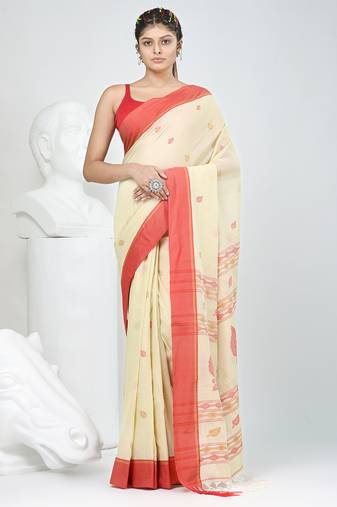 Beige cotton saree with red border & woven leaf motifs