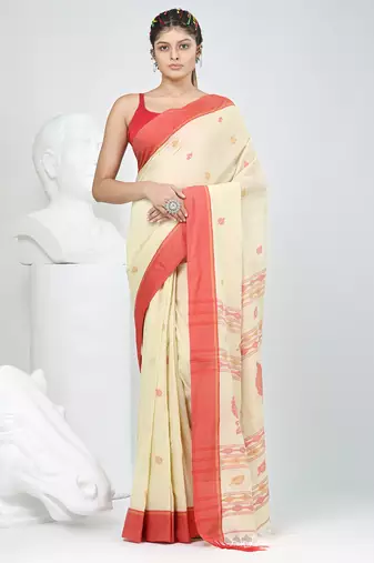 Beige cotton saree with red border & woven leaf motifs