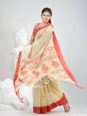 Beige cotton saree with red border & woven leaf motifs 2