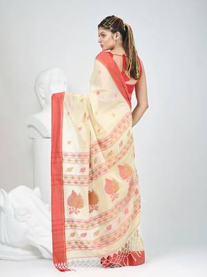 Beige cotton saree with red border & woven leaf motifs 3