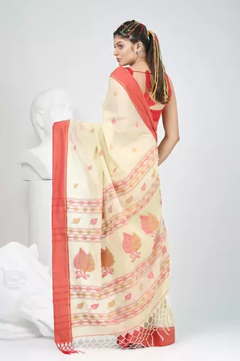 Beige cotton saree with red border & woven leaf motifs
