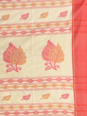 Beige cotton saree with red border & woven leaf motifs 4