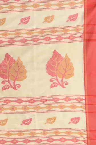 Beige cotton saree with red border & woven leaf motifs