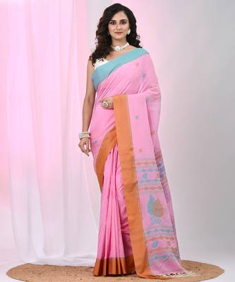 Pink cotton leaf motifs saree with mastard and blue border 1