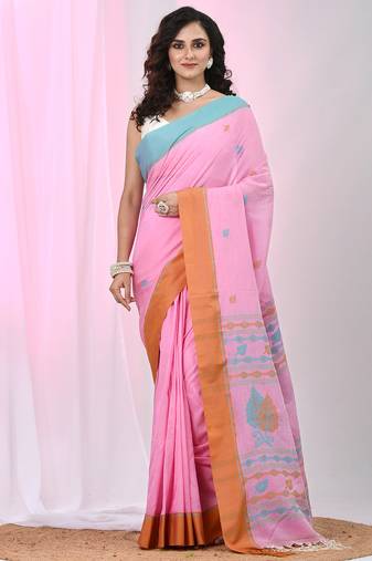 Pink cotton leaf motifs saree with mastard and blue border