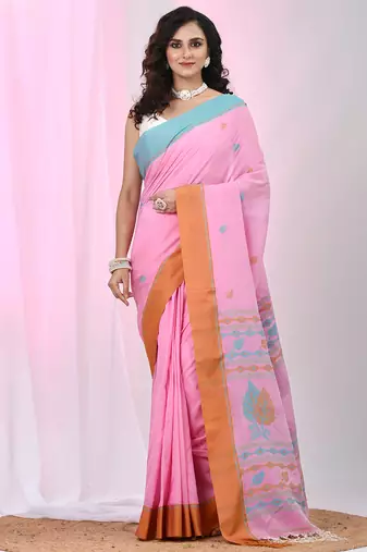 Pink cotton leaf motifs saree with mastard and blue border