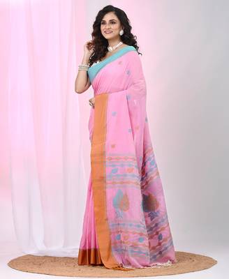 Pink cotton leaf motifs saree with mastard and blue border 2