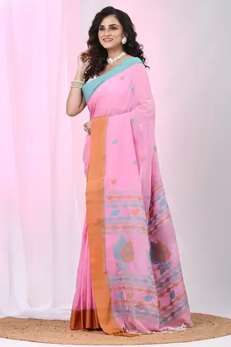 Pink cotton leaf motifs saree with mastard and blue border