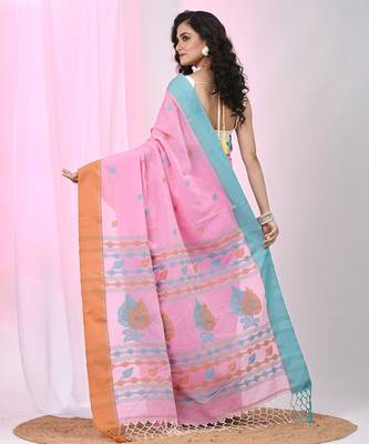 Pink cotton leaf motifs saree with mastard and blue border 3