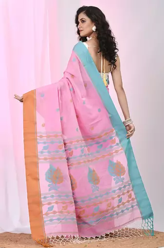 Pink cotton leaf motifs saree with mastard and blue border