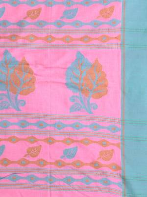 Pink cotton leaf motifs saree with mastard and blue border 4