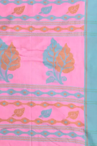 Pink cotton leaf motifs saree with mastard and blue border