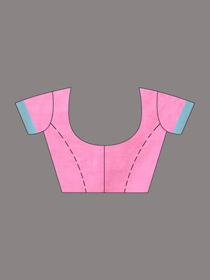 Pink cotton leaf motifs saree with mastard and blue border 5