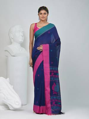 Navy blue cotton saree with pink and teal border & leaf design 1