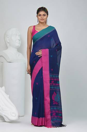 Navy blue cotton saree with pink and teal border & leaf design