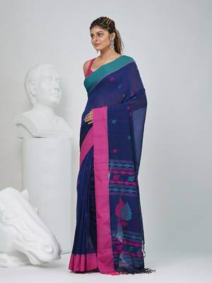 Navy blue cotton saree with pink and teal border & leaf design 2