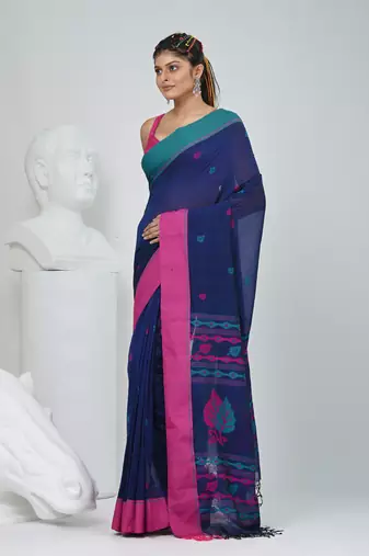 Navy blue cotton saree with pink and teal border & leaf design