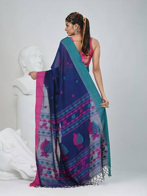 Navy blue cotton saree with pink and teal border & leaf design 3