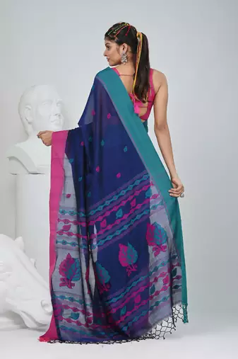Navy blue cotton saree with pink and teal border & leaf design
