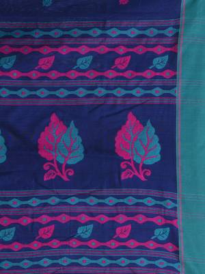 Navy blue cotton saree with pink and teal border & leaf design 4