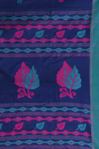 Navy blue cotton saree with pink and teal border & leaf design