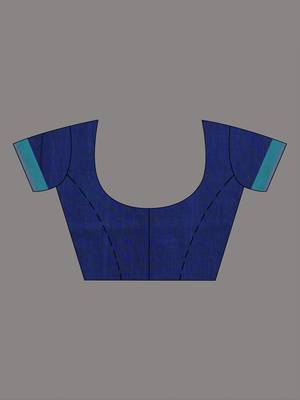 Navy blue cotton saree with pink and teal border & leaf design 5