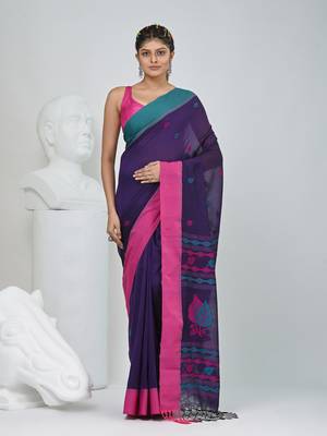 Purple cotton saree with pink and teal border & leaf design 1
