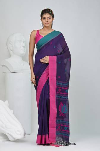 Purple cotton saree with pink and teal border & leaf design
