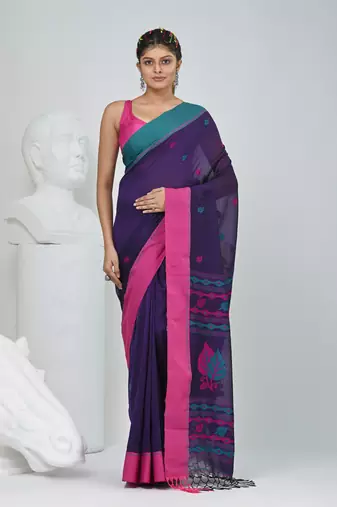 Purple cotton saree with pink and teal border & leaf design
