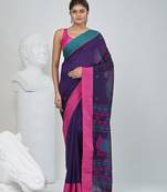 Purple cotton saree with pink and teal border & leaf design