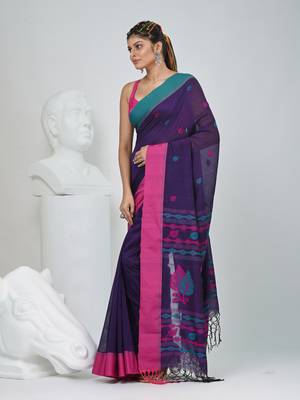 Purple cotton saree with pink and teal border & leaf design 2