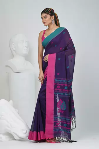 Purple cotton saree with pink and teal border & leaf design