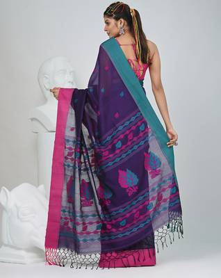 Purple cotton saree with pink and teal border & leaf design 3