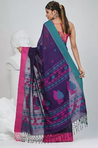 Purple cotton saree with pink and teal border & leaf design