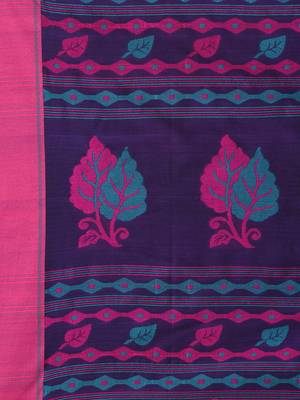 Purple cotton saree with pink and teal border & leaf design 4