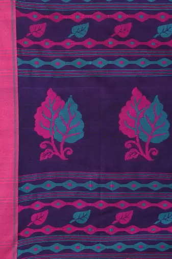 Purple cotton saree with pink and teal border & leaf design