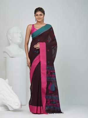 Brown cotton saree with pink and teal border & leaf design 1