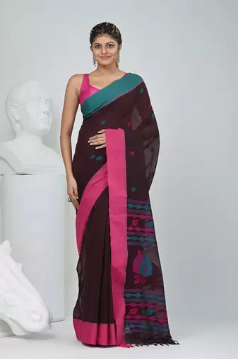 Brown cotton saree with pink and teal border & leaf design